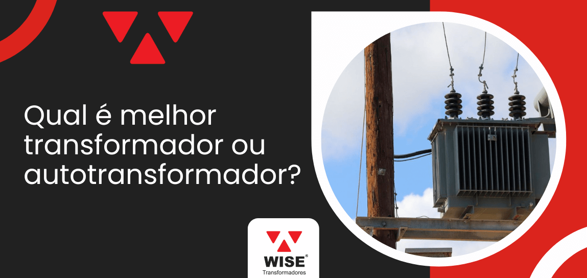 Imagem de um transformador instalado em um poste, com a pergunta 'Qual é melhor transformador ou autotransformador?' destacada, abordando as opções de escolha para sistemas elétricos.