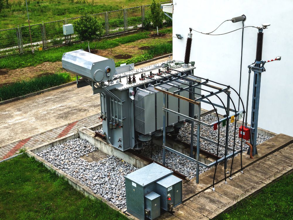 Transformador industrial de grande porte instalado em subestação, exemplificando o que é um transformador industrial no setor elétrico.