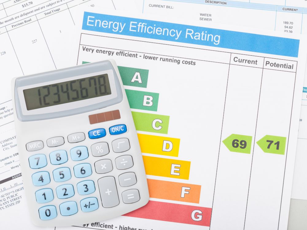 Gráfico de eficiência energética com calculadora, representando análise de consumo e se usar transformador gasta mais energia em ambientes residenciais.
