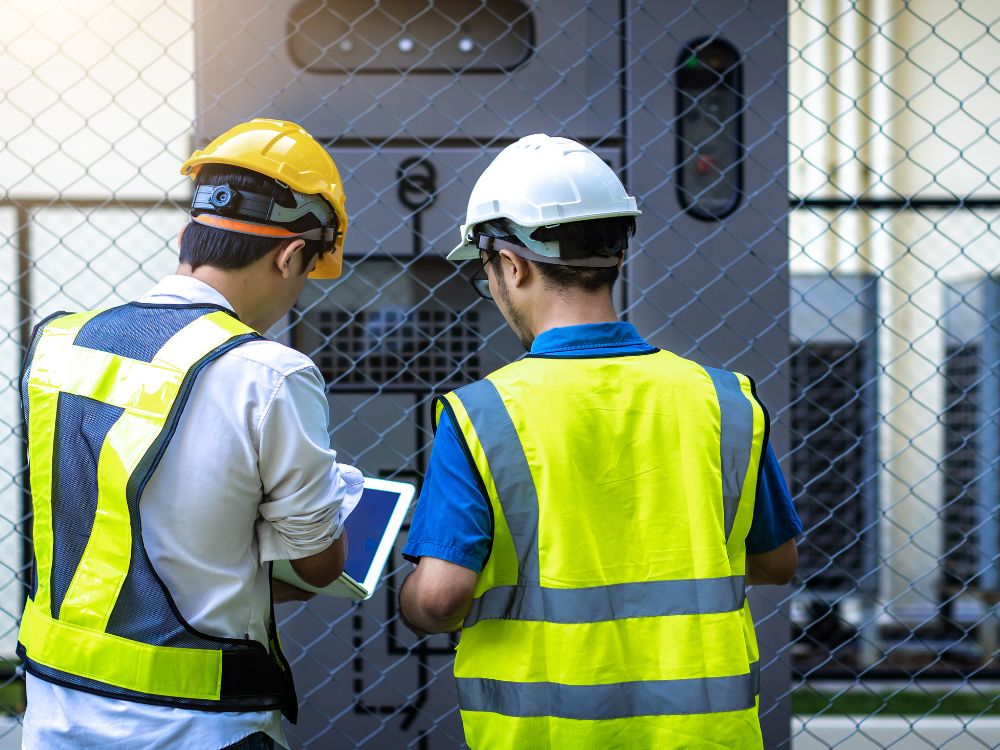Engenheiros elétricos analisando medições em transformador industrial, representando estudos práticos sobre o que são harmônicos e seus efeitos nos sistemas de energia.