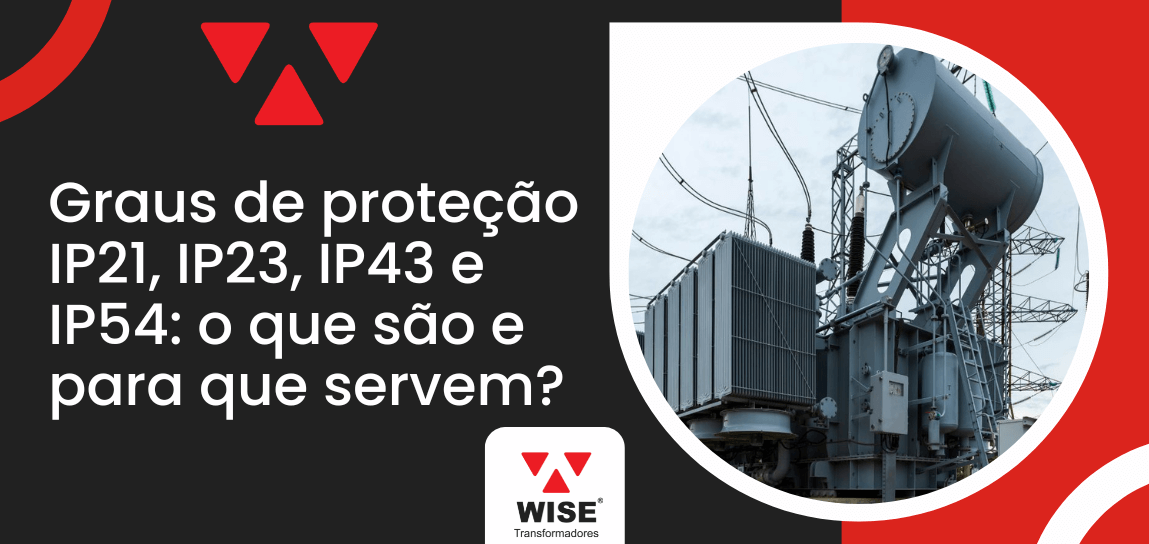 Banner com transformador elétrico industrial e título sobre graus de proteção IP21, IP23, IP43 e IP54, explicando o que são e para que servem.